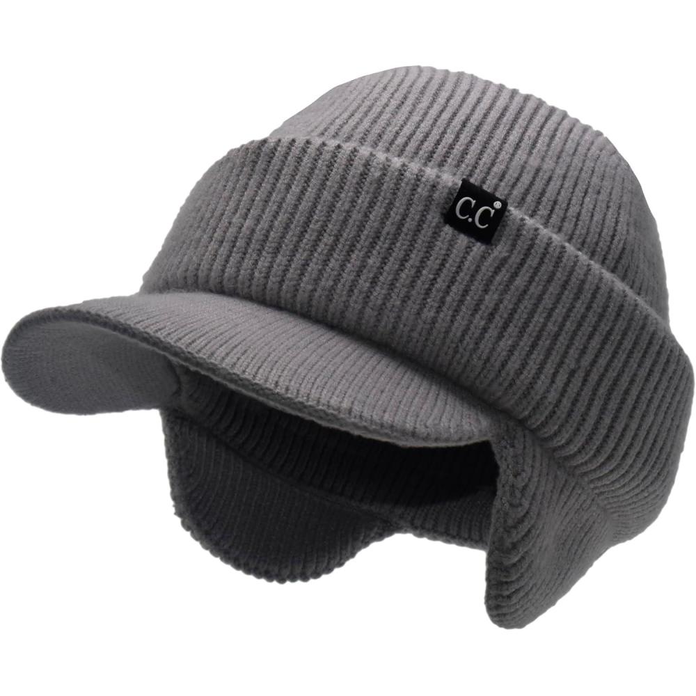 imageCC Beanie Strechy Snug Fit Soft Knit Hat with Visor Brim ampamp Ear Warmer FlapsHeather Grey