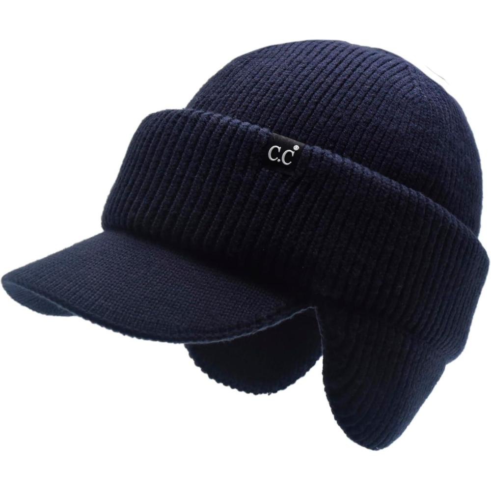 imageCC Beanie Strechy Snug Fit Soft Knit Hat with Visor Brim ampamp Ear Warmer FlapsNavy Blue