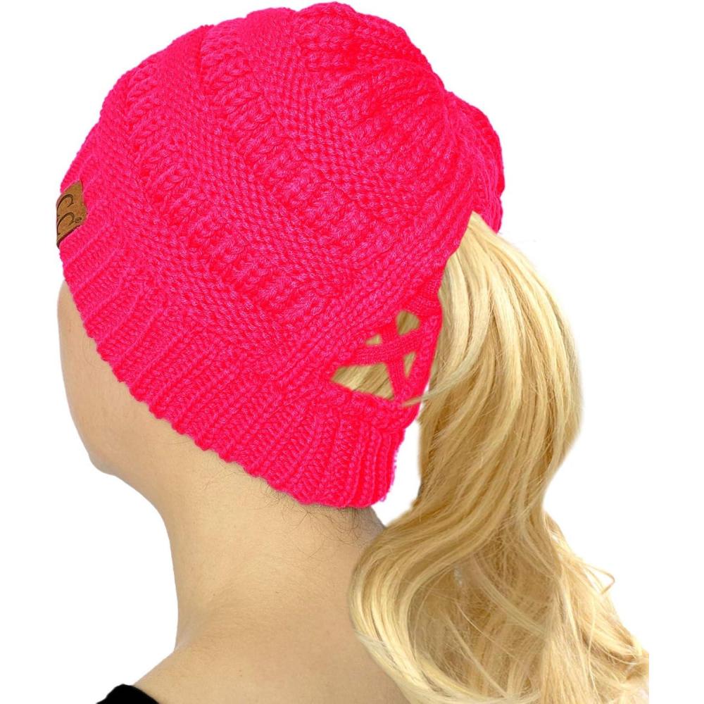 imageCC Beanie for Women Winter Hats Ponytail Hole Criss Cross Hat Messy Bun High Ponytail Knit CapNeon Hot Pink