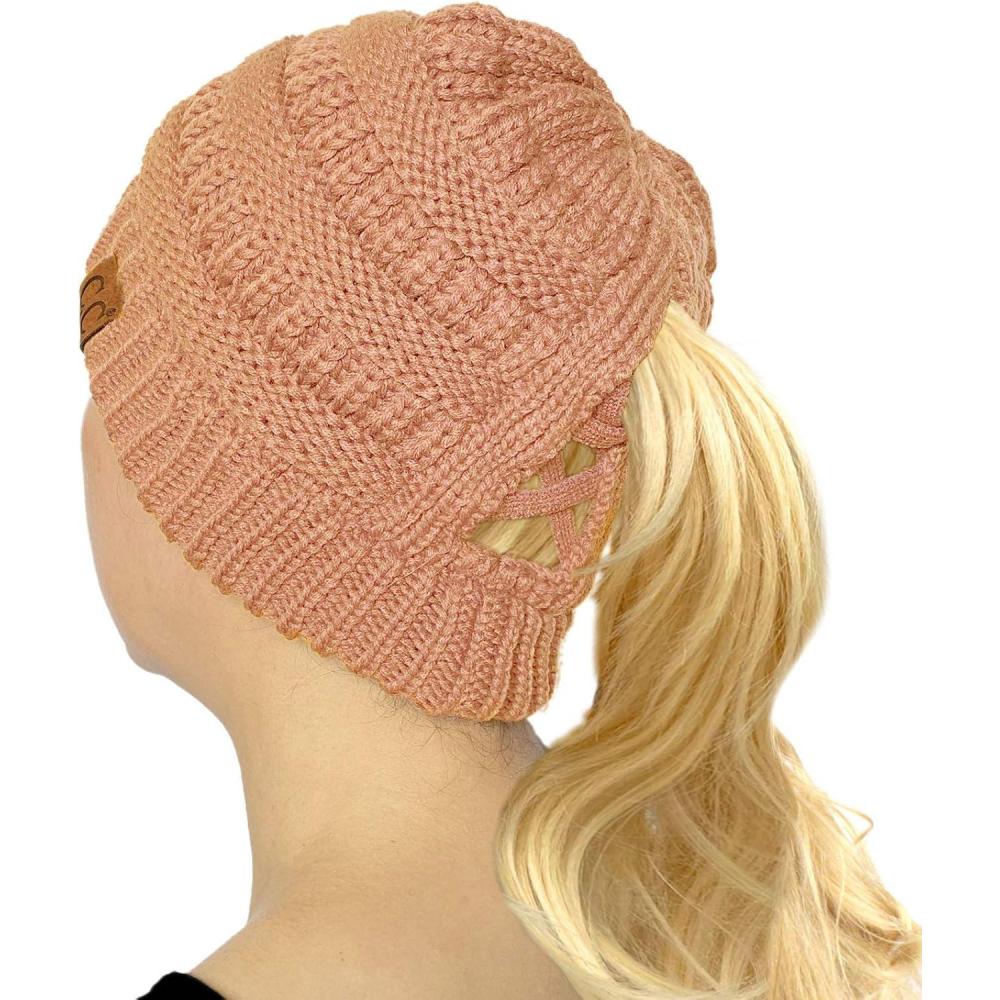imageCC Beanie for Women Winter Hats Ponytail Hole Criss Cross Hat Messy Bun High Ponytail Knit CapRose Pink