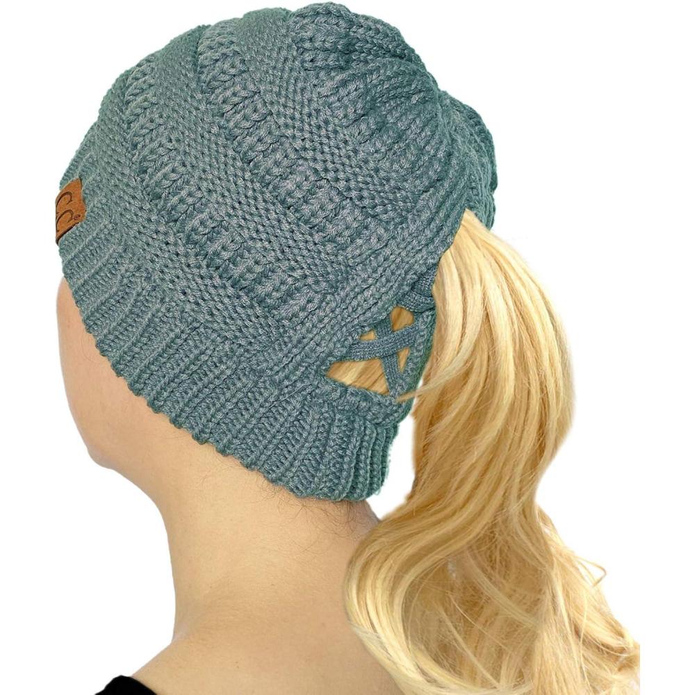 imageCC Beanie for Women Winter Hats Ponytail Hole Criss Cross Hat Messy Bun High Ponytail Knit CapSteel Blue