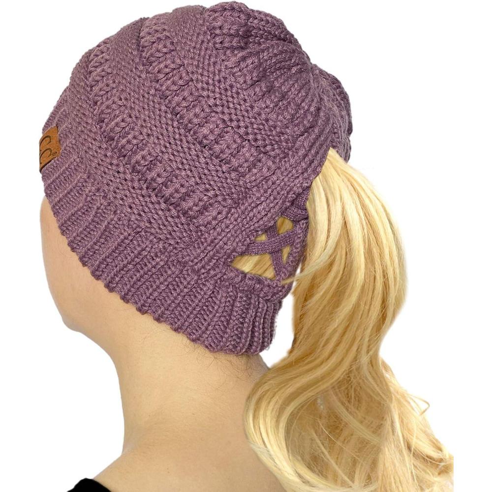 imageCC Beanie for Women Winter Hats Ponytail Hole Criss Cross Hat Messy Bun High Ponytail Knit CapViolet