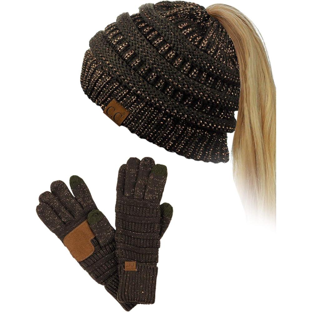 imageCC BeanieTail Messy High Bun Cable Knit Beanie and AntiSlip Touchscreen Gloves SetBrown Metallic