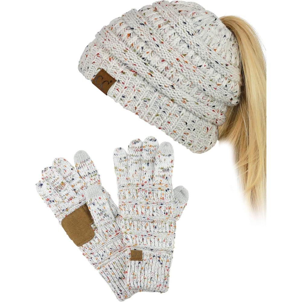 imageCC BeanieTail Messy High Bun Cable Knit Beanie and AntiSlip Touchscreen Gloves SetConfetti Ivory