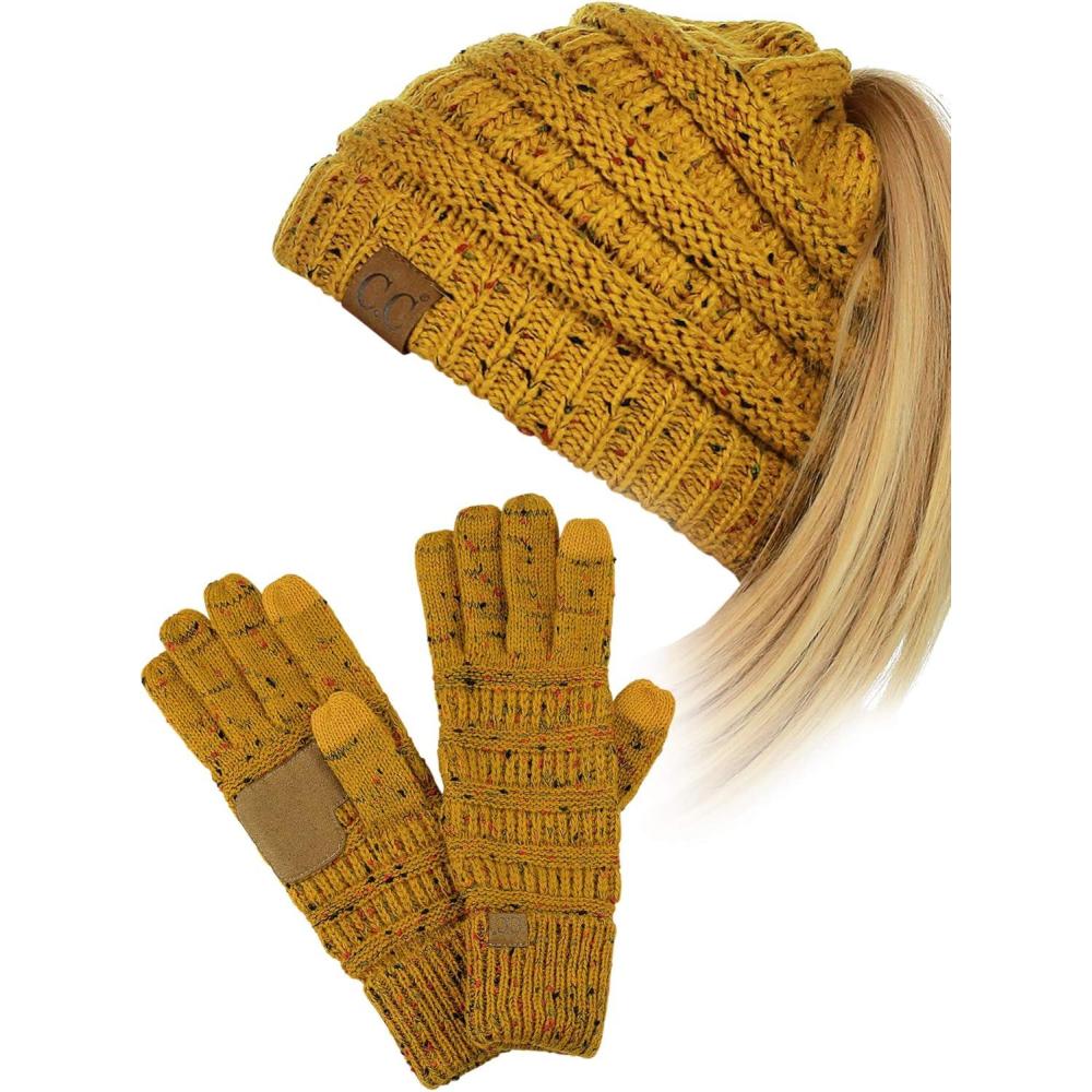 imageCC BeanieTail Messy High Bun Cable Knit Beanie and AntiSlip Touchscreen Gloves SetConfetti Mustard