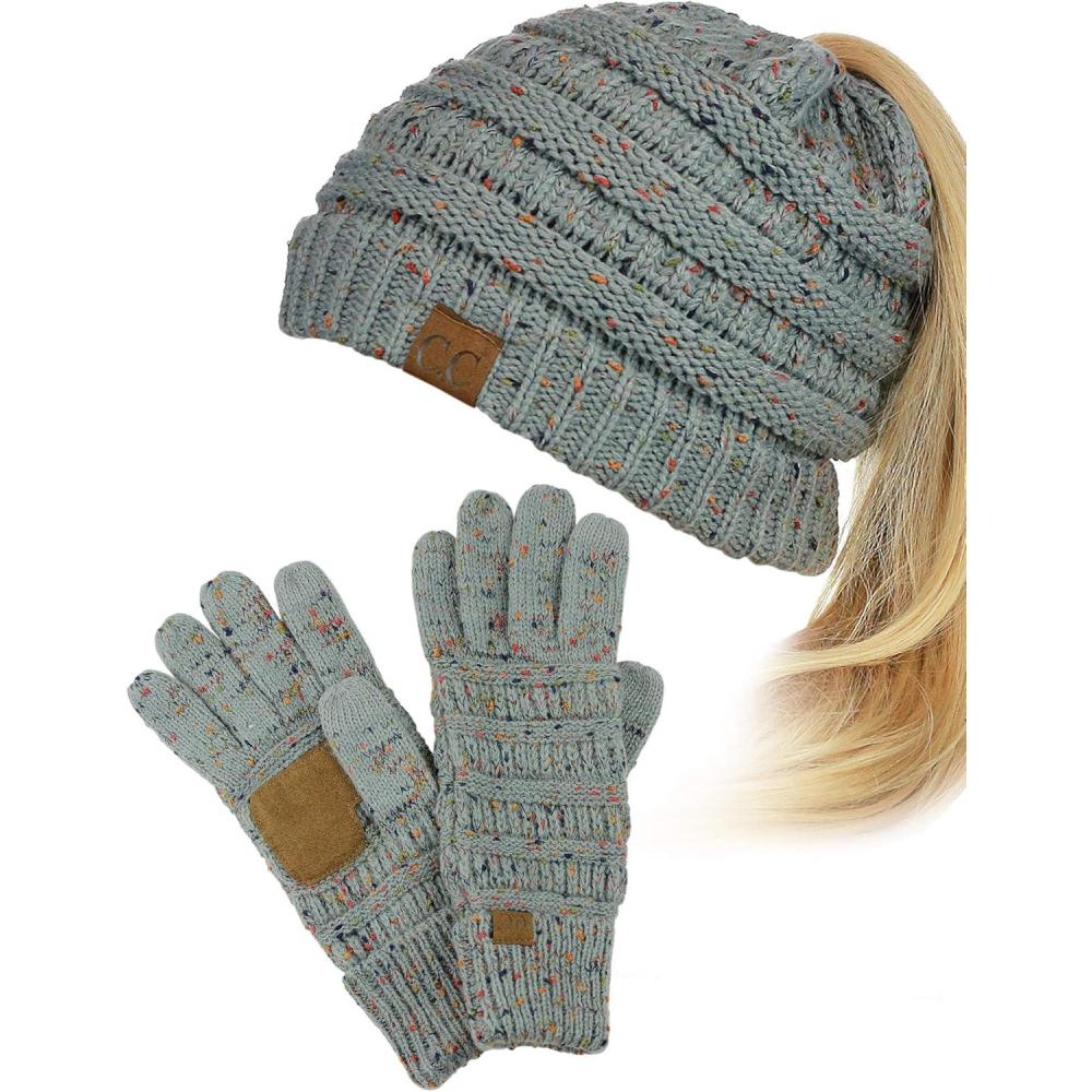 imageCC BeanieTail Messy High Bun Cable Knit Beanie and AntiSlip Touchscreen Gloves SetConfetti Natural Gray