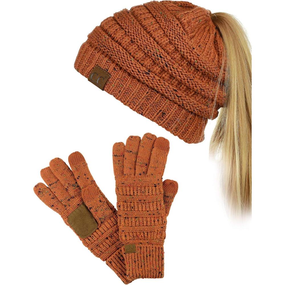 imageCC BeanieTail Messy High Bun Cable Knit Beanie and AntiSlip Touchscreen Gloves SetConfettirust