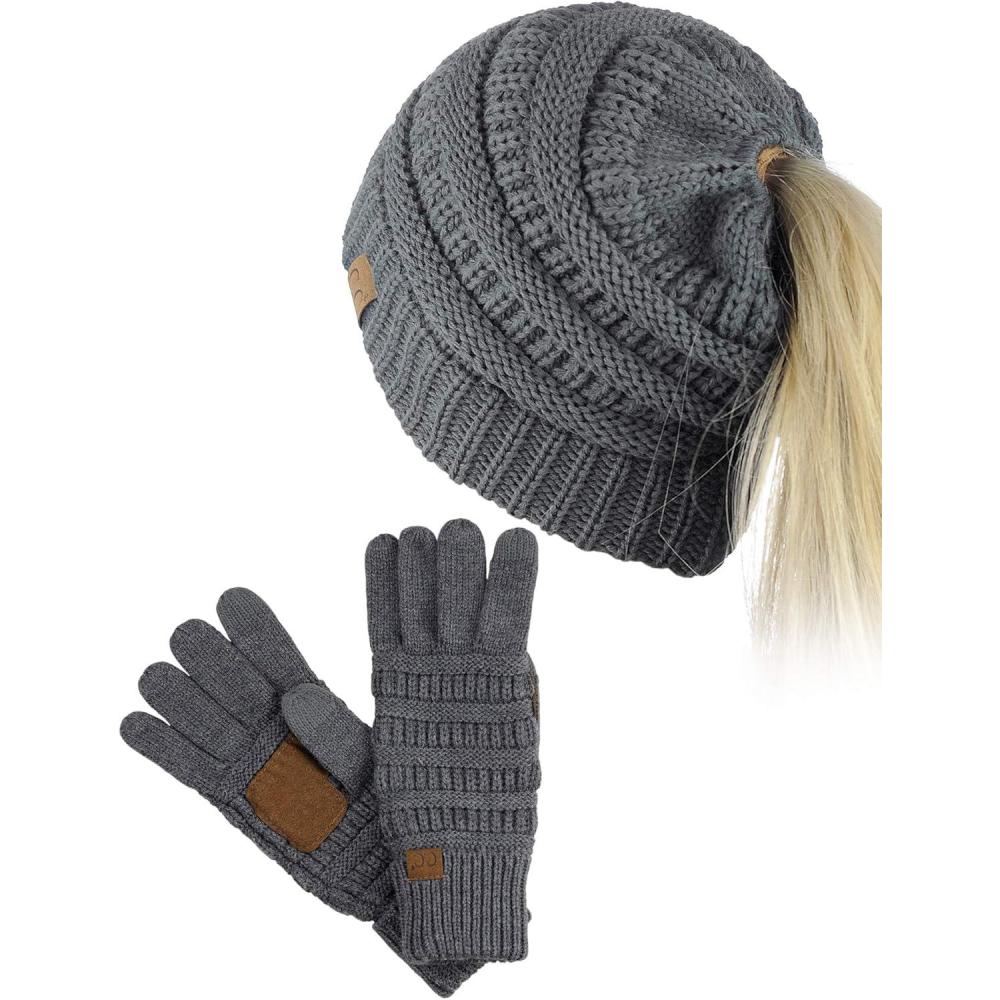 imageCC BeanieTail Messy High Bun Cable Knit Beanie and AntiSlip Touchscreen Gloves SetDark Melange Gray