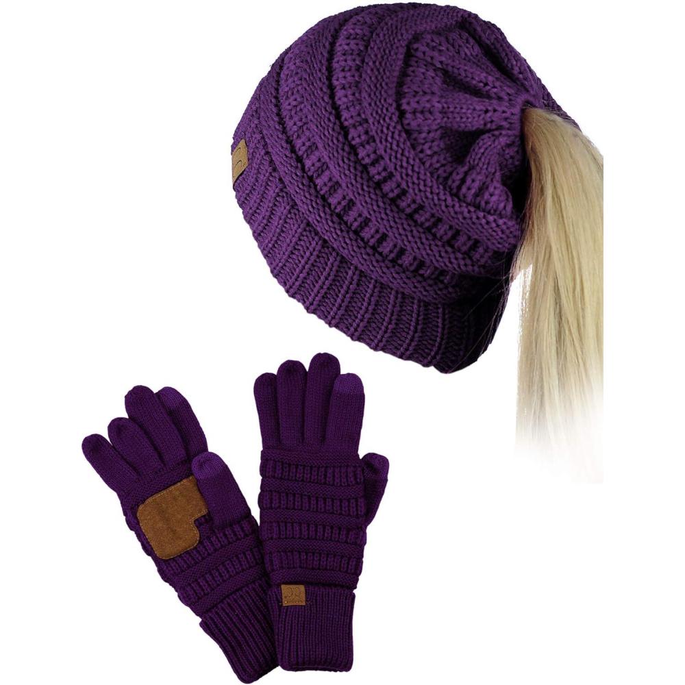 imageCC BeanieTail Messy High Bun Cable Knit Beanie and AntiSlip Touchscreen Gloves SetDark Purple
