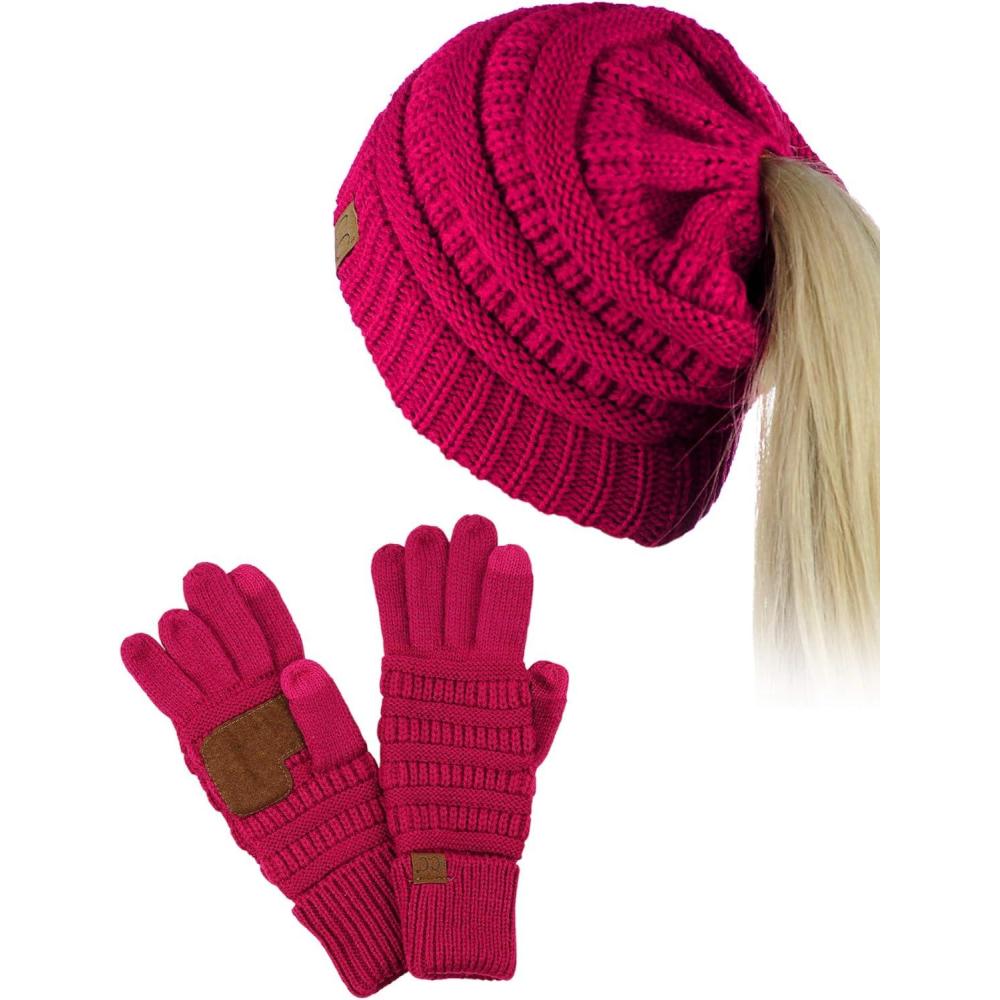 imageCC BeanieTail Messy High Bun Cable Knit Beanie and AntiSlip Touchscreen Gloves SetHot Pink