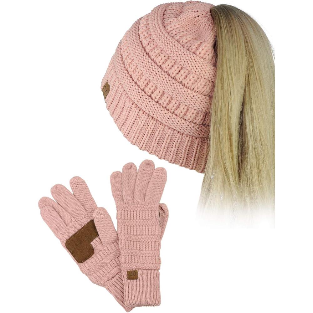 imageCC BeanieTail Messy High Bun Cable Knit Beanie and AntiSlip Touchscreen Gloves SetIndi Pink