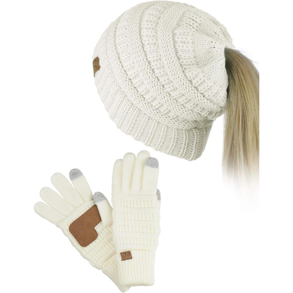 imageCC BeanieTail Messy High Bun Cable Knit Beanie and AntiSlip Touchscreen Gloves SetIvory