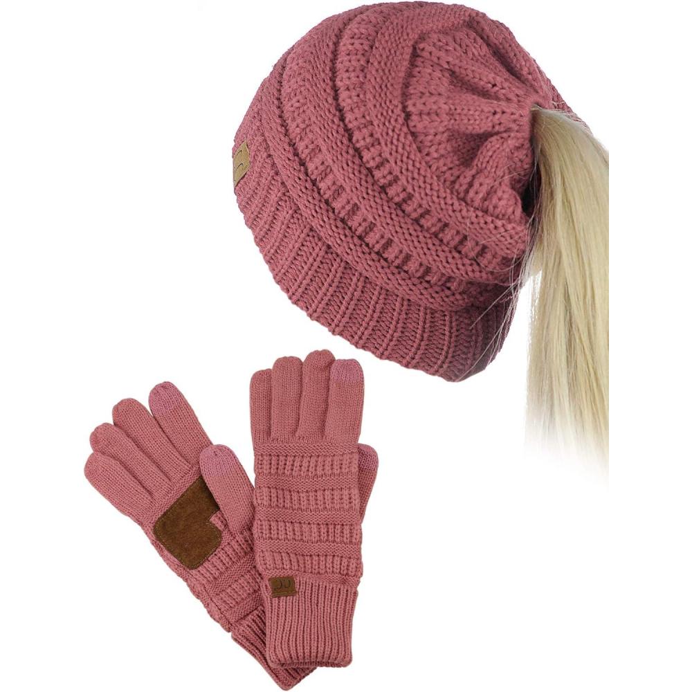 imageCC BeanieTail Messy High Bun Cable Knit Beanie and AntiSlip Touchscreen Gloves SetMauve