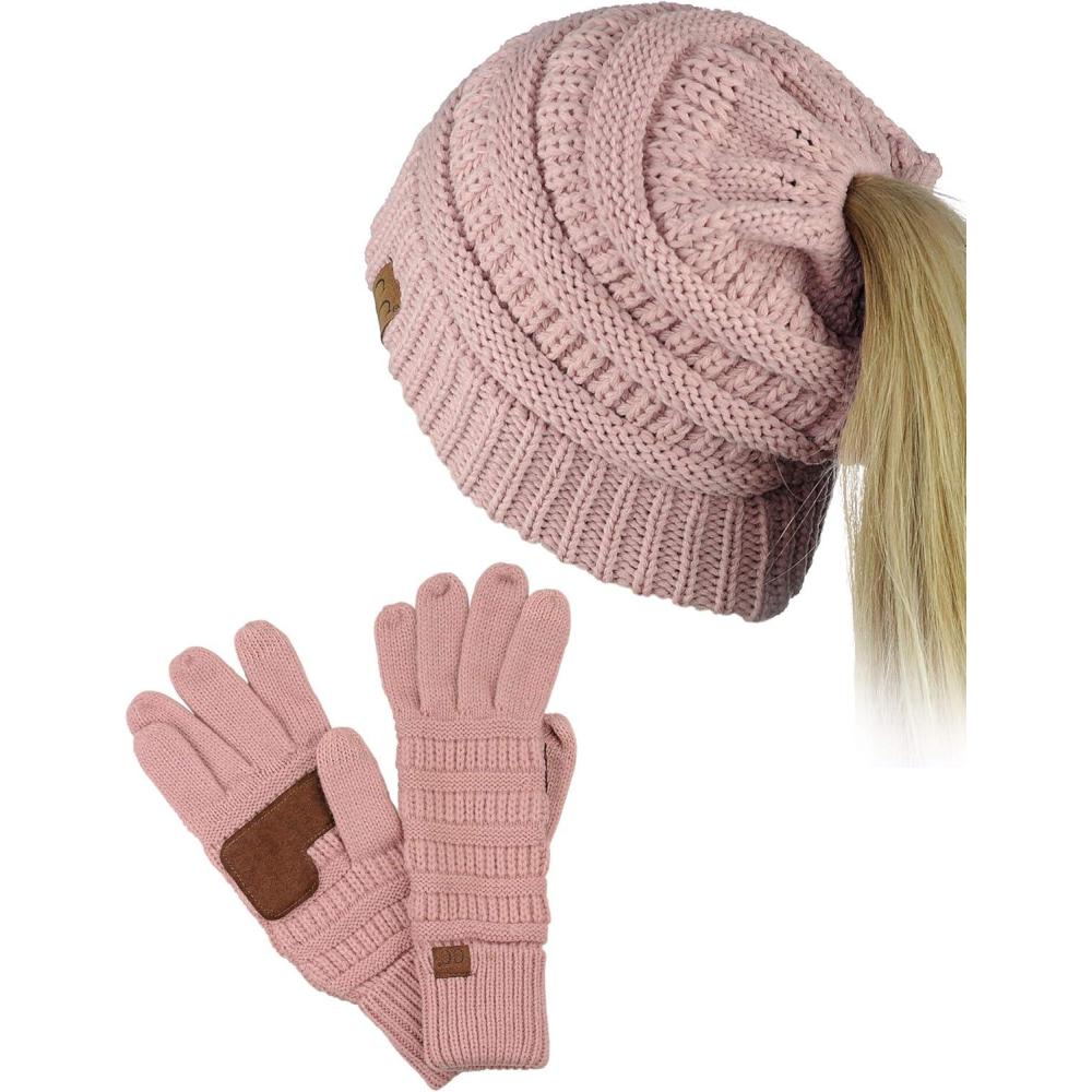 imageCC BeanieTail Messy High Bun Cable Knit Beanie and AntiSlip Touchscreen Gloves SetRose