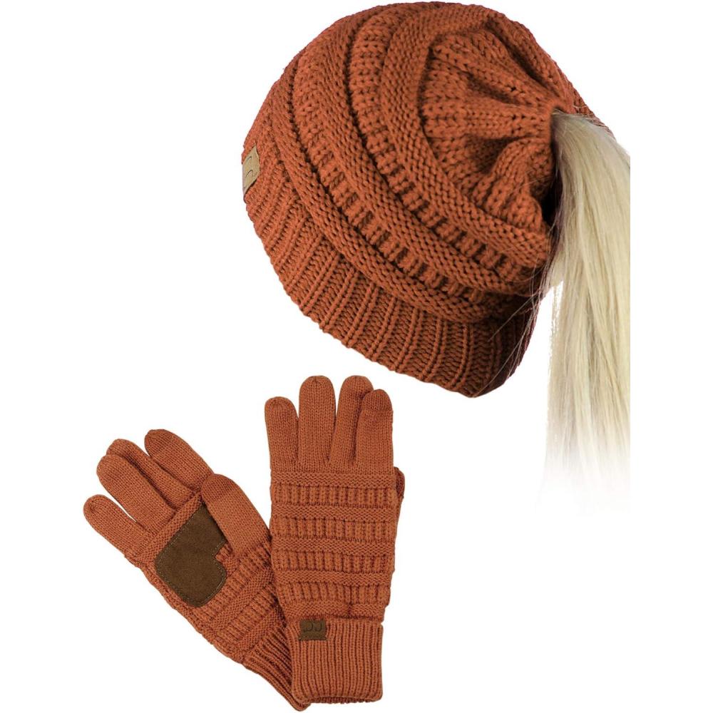 imageCC BeanieTail Messy High Bun Cable Knit Beanie and AntiSlip Touchscreen Gloves SetRust
