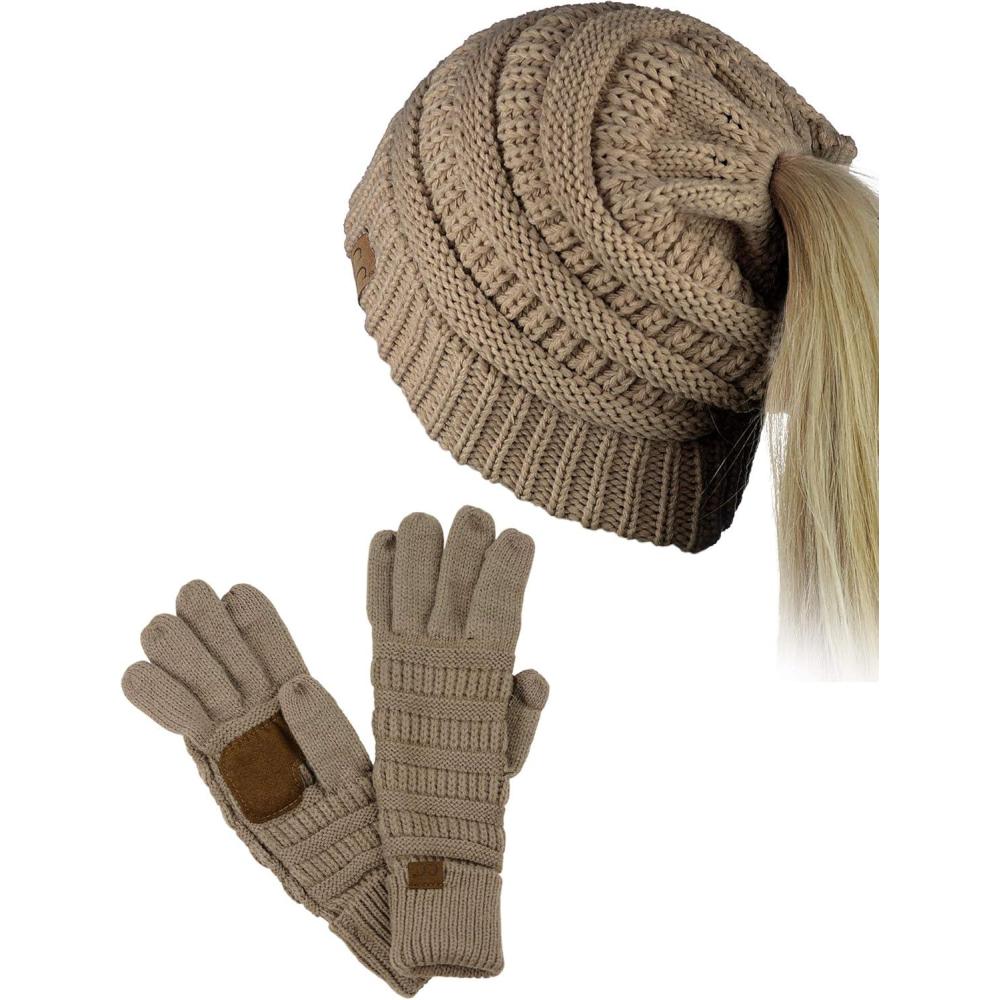 imageCC BeanieTail Messy High Bun Cable Knit Beanie and AntiSlip Touchscreen Gloves SetTaupe