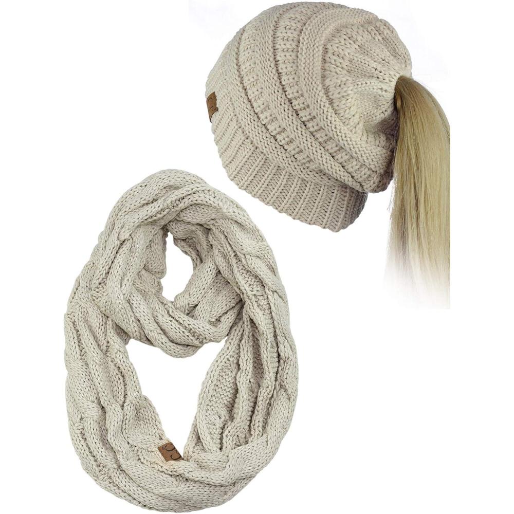 imageCC BeanieTail Messy High Bun Cable Knit Beanie and Infinity Loop Scarf SetBeige