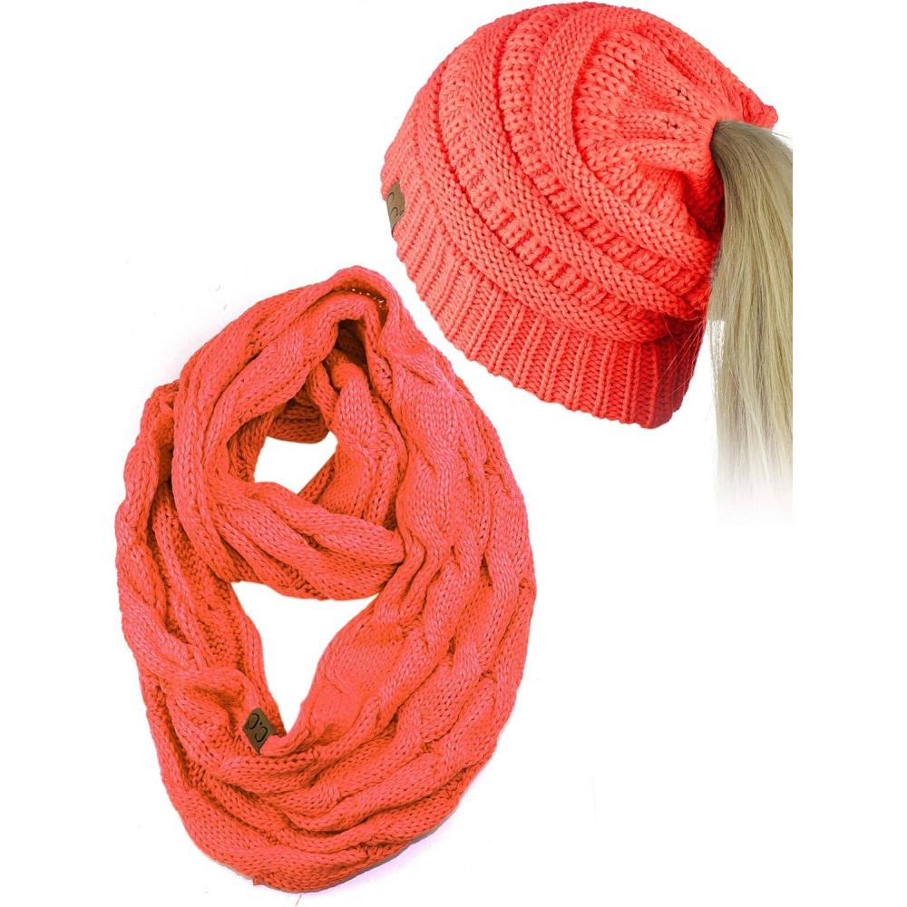 imageCC BeanieTail Messy High Bun Cable Knit Beanie and Infinity Loop Scarf SetCoral