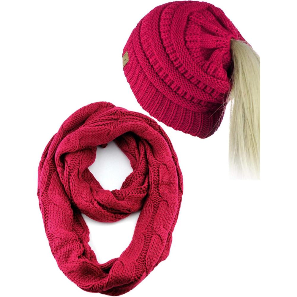imageCC BeanieTail Messy High Bun Cable Knit Beanie and Infinity Loop Scarf SetHot Pink