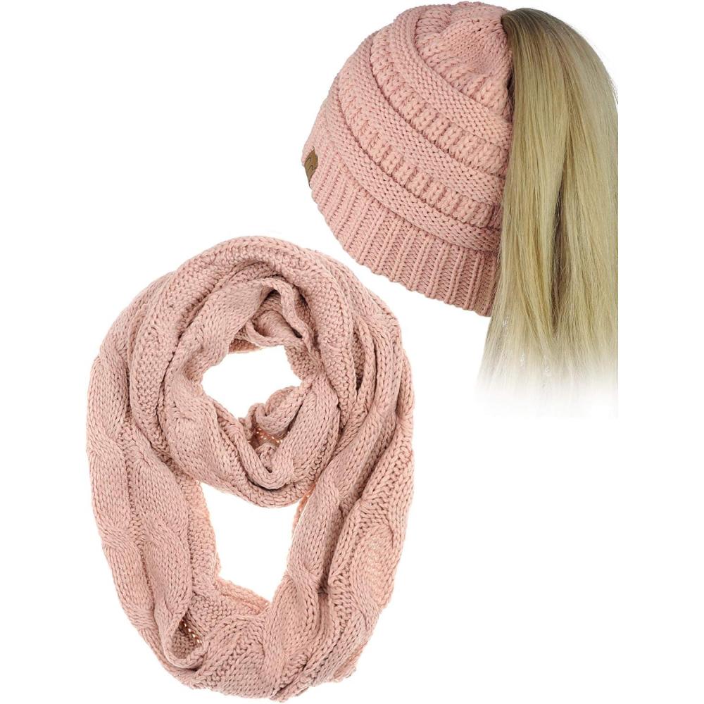 imageCC BeanieTail Messy High Bun Cable Knit Beanie and Infinity Loop Scarf SetIndi Pink