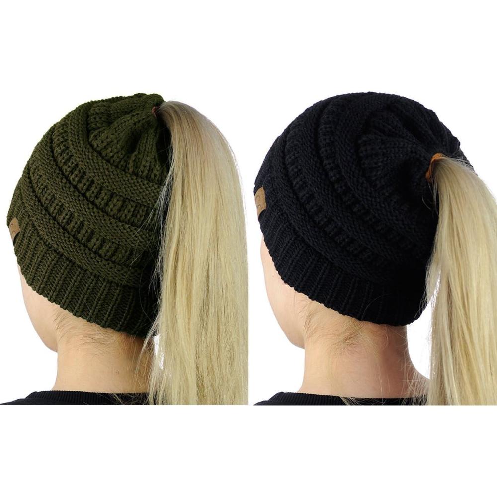imageCC BeanieTail Soft Stretch Cable Knit Messy High Bun Ponytail Beanie Hat 2 PackBlackDark Olive