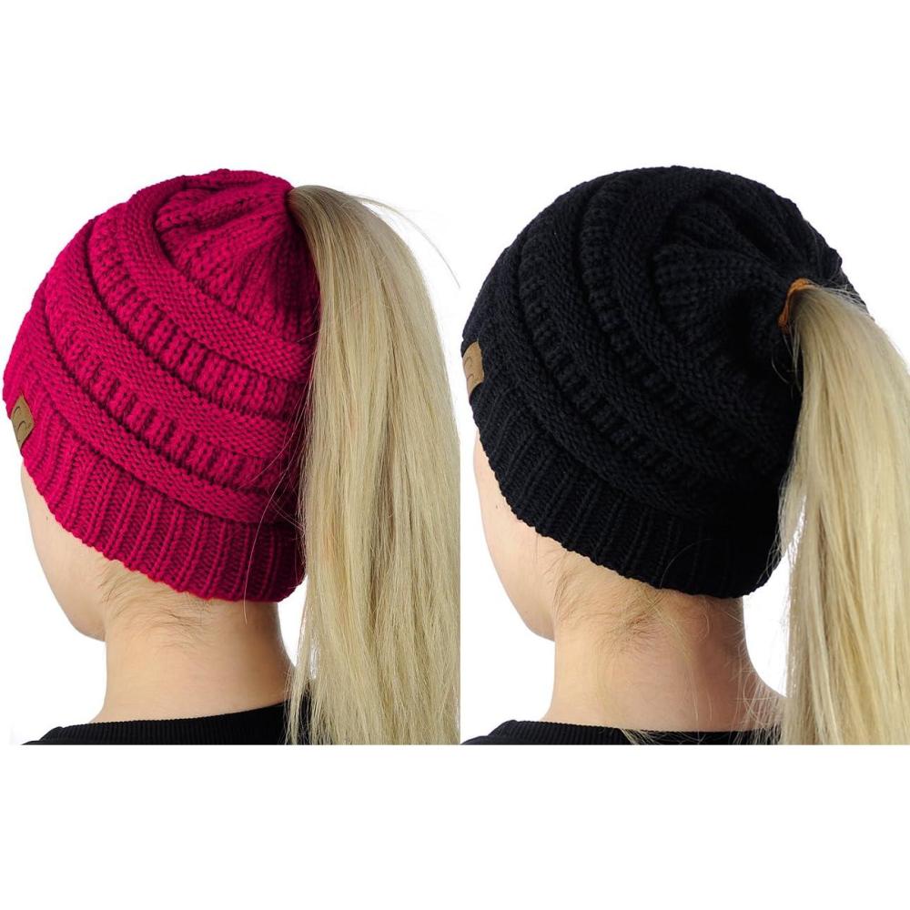 imageCC BeanieTail Soft Stretch Cable Knit Messy High Bun Ponytail Beanie Hat 2 PackBlackHot Pink