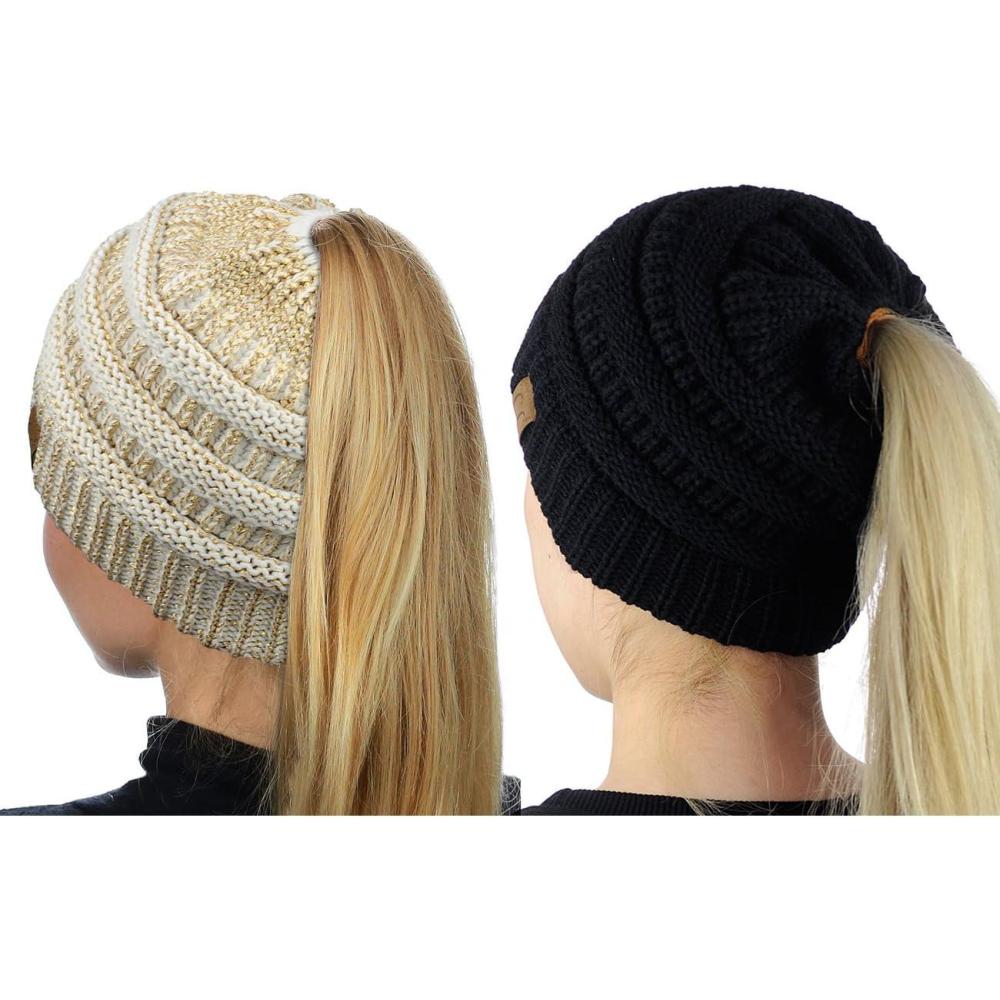 imageCC BeanieTail Soft Stretch Cable Knit Messy High Bun Ponytail Beanie Hat 2 PackBlackIvory Gold Metallic