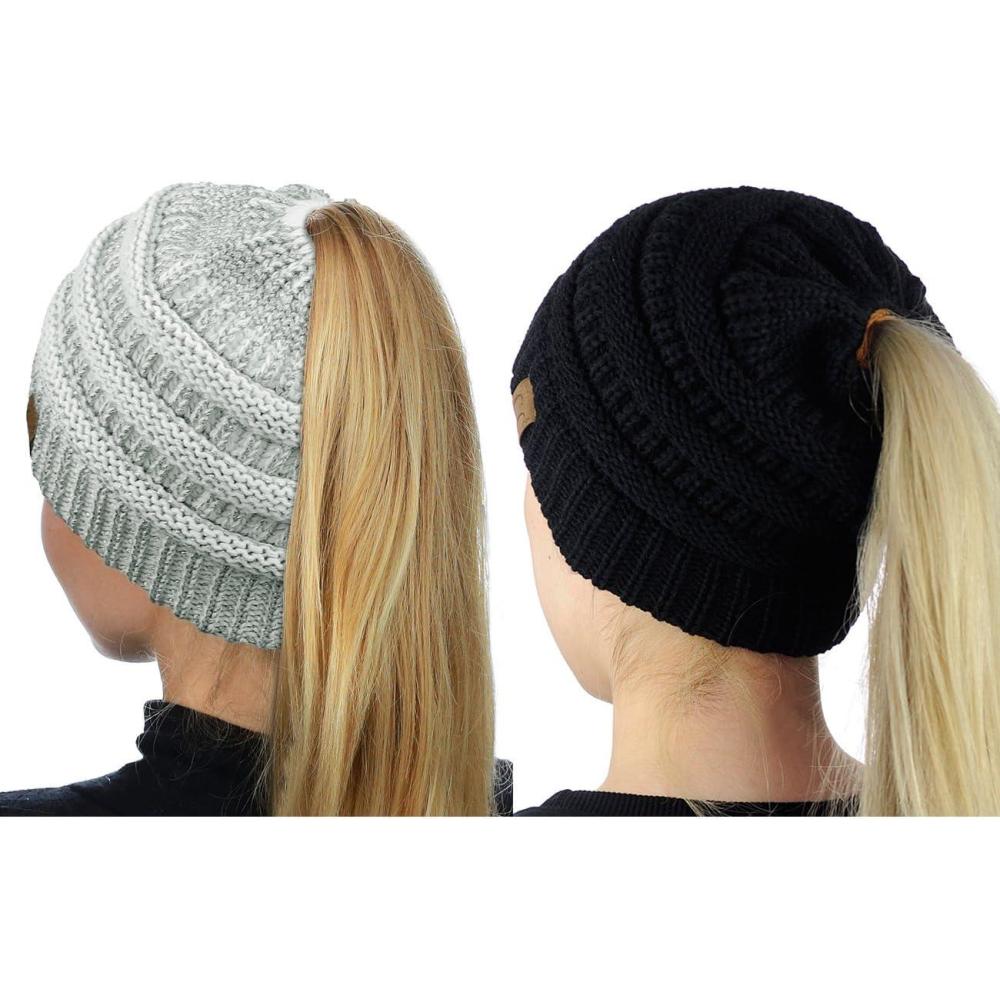 imageCC BeanieTail Soft Stretch Cable Knit Messy High Bun Ponytail Beanie Hat 2 PackBlackIvory Silver Metallic