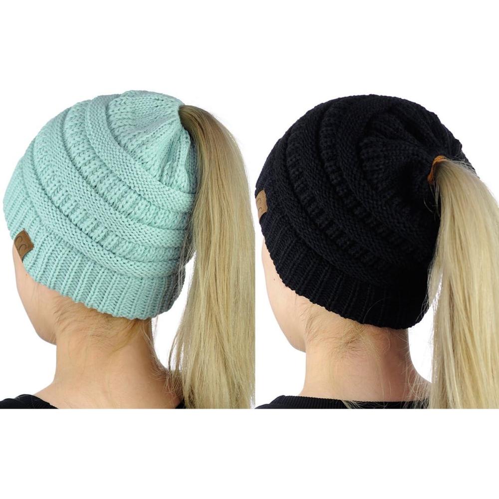 imageCC BeanieTail Soft Stretch Cable Knit Messy High Bun Ponytail Beanie Hat 2 PackBlackMint