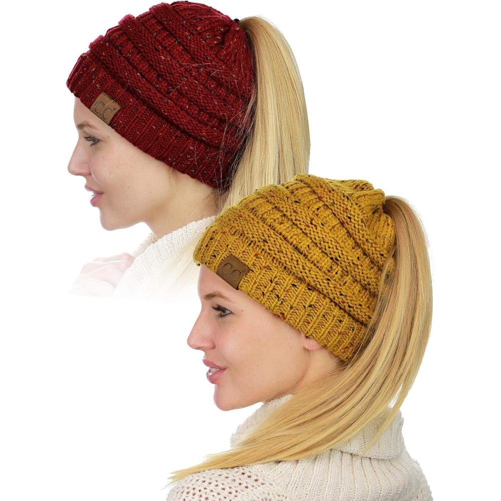 imageCC BeanieTail Soft Stretch Cable Knit Messy High Bun Ponytail Beanie Hat 2 PackConfetti MustardConfetti Burgundy