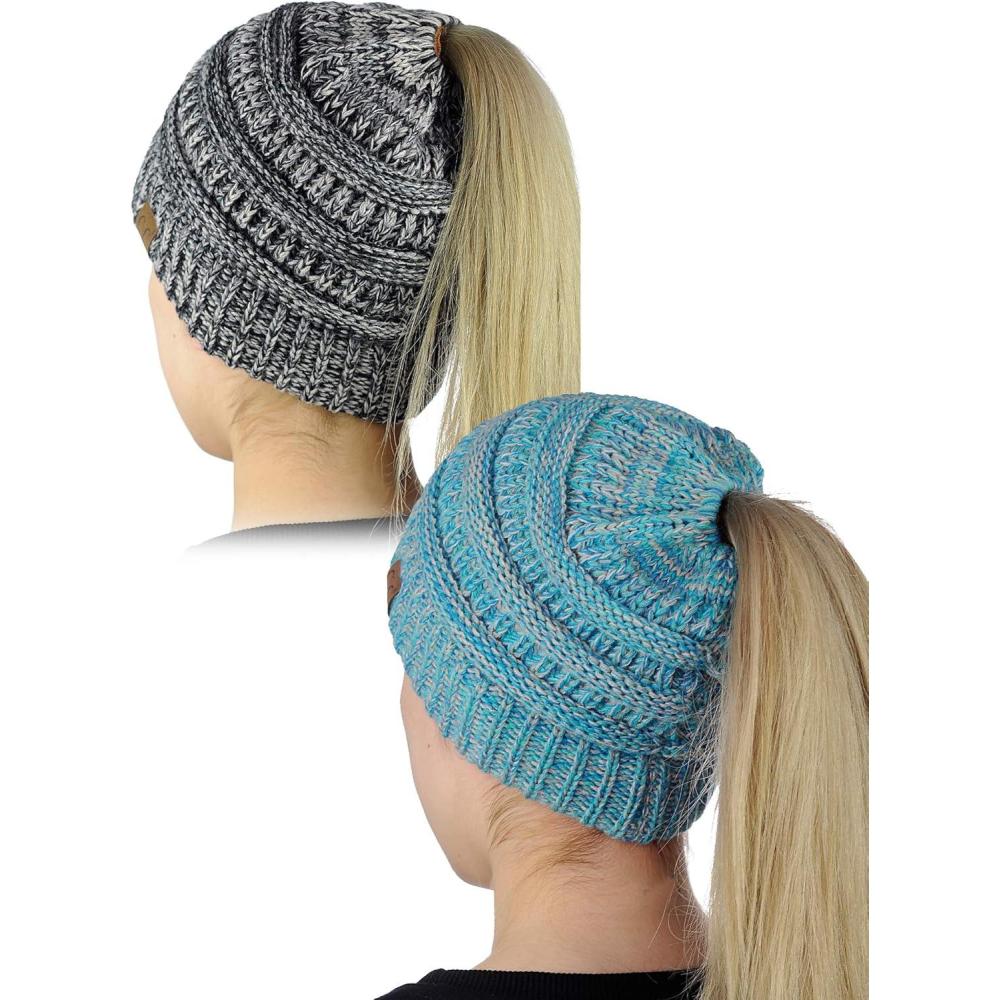 imageCC BeanieTail Soft Stretch Cable Knit Messy High Bun Ponytail Beanie Hat 2 PackTurquoise Mix3 Tone Gray
