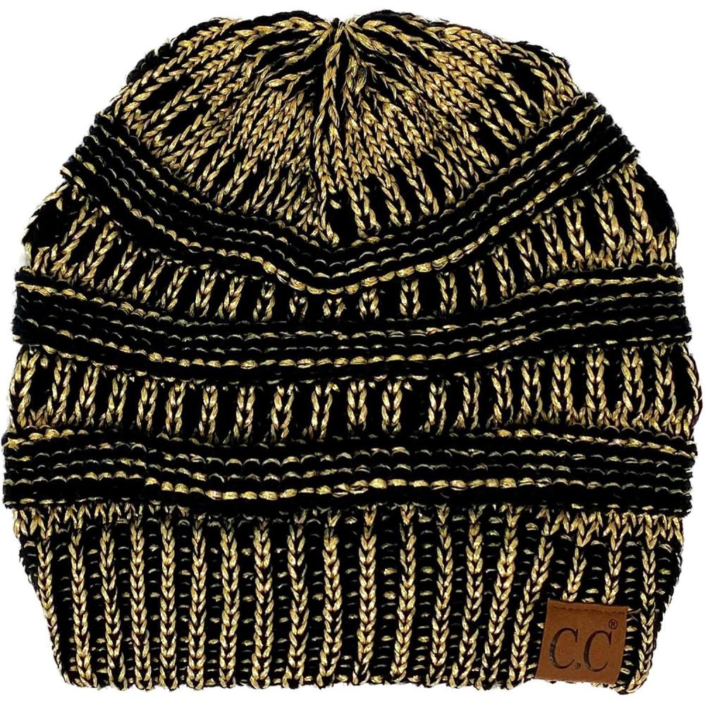 imageCC Classic Winter Fall Trendy Chunky Stretchy Cable Knit Beanie HatMetallic BlackGold