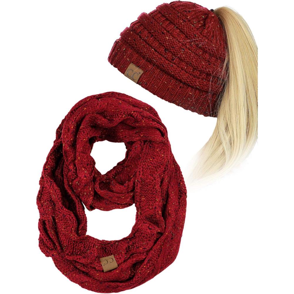 imageCC Colorful Confetti BeanieTail Messy High Bun Cable Knit Beanie and Infinity Loop Scarf SetBurgundy