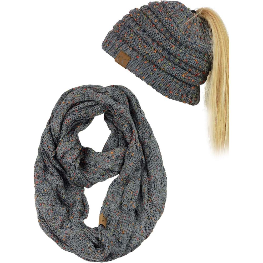 imageCC Colorful Confetti BeanieTail Messy High Bun Cable Knit Beanie and Infinity Loop Scarf SetDark Melange Gray
