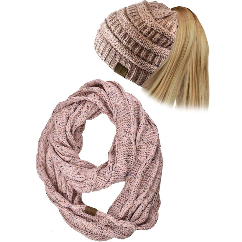 imageCC Colorful Confetti BeanieTail Messy High Bun Cable Knit Beanie and Infinity Loop Scarf SetIndi Pink