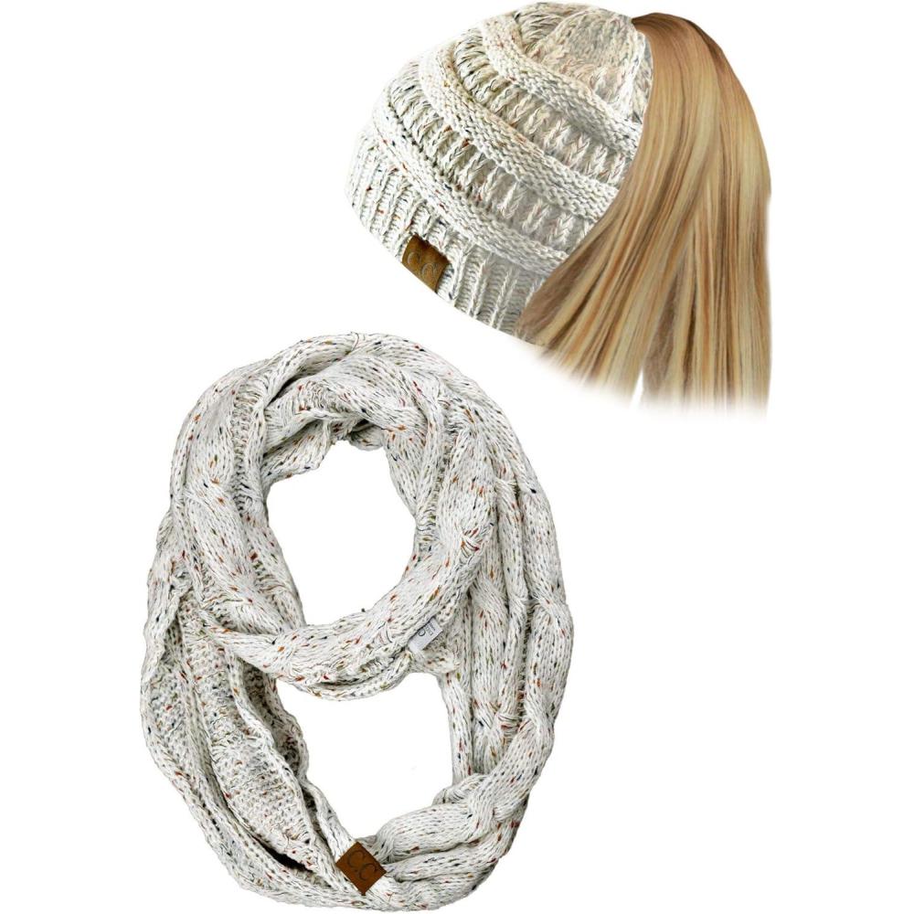 imageCC Colorful Confetti BeanieTail Messy High Bun Cable Knit Beanie and Infinity Loop Scarf SetIvory