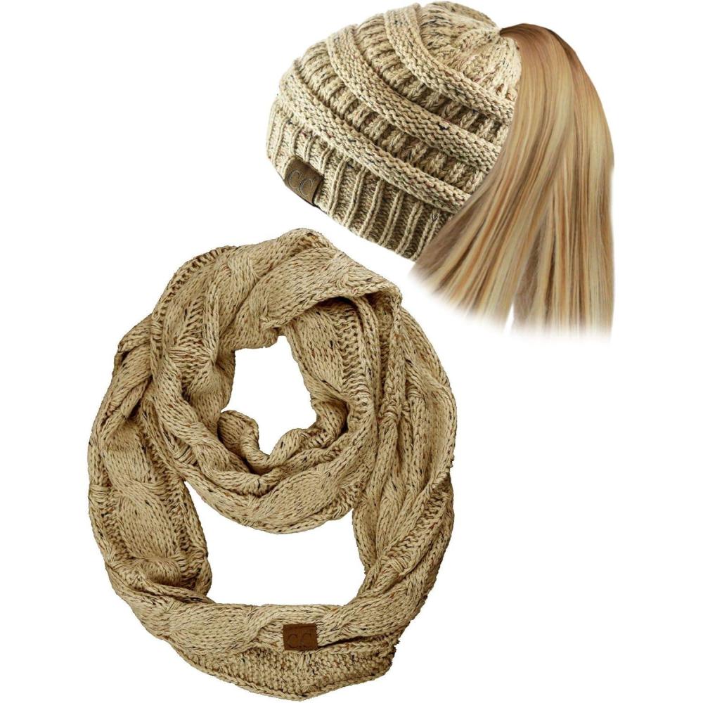 imageCC Colorful Confetti BeanieTail Messy High Bun Cable Knit Beanie and Infinity Loop Scarf SetLatte