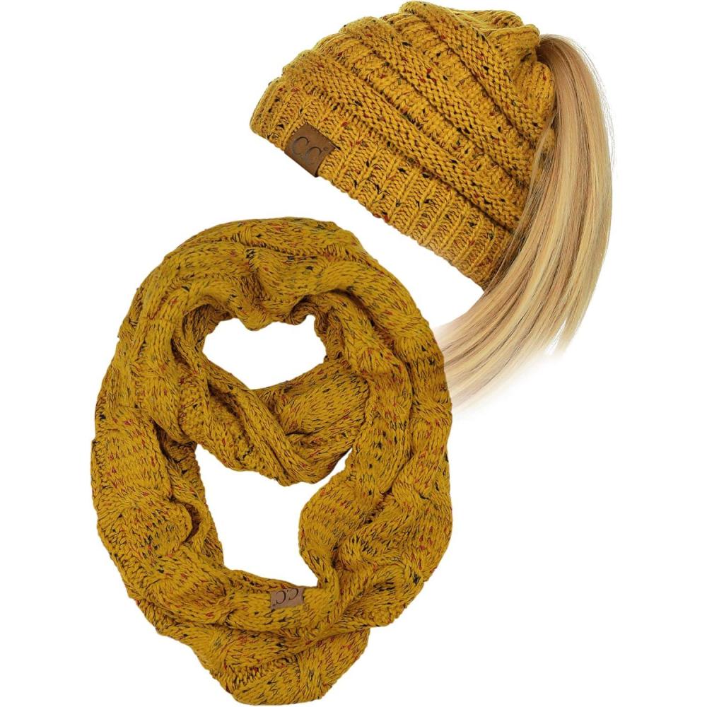 imageCC Colorful Confetti BeanieTail Messy High Bun Cable Knit Beanie and Infinity Loop Scarf SetMustard