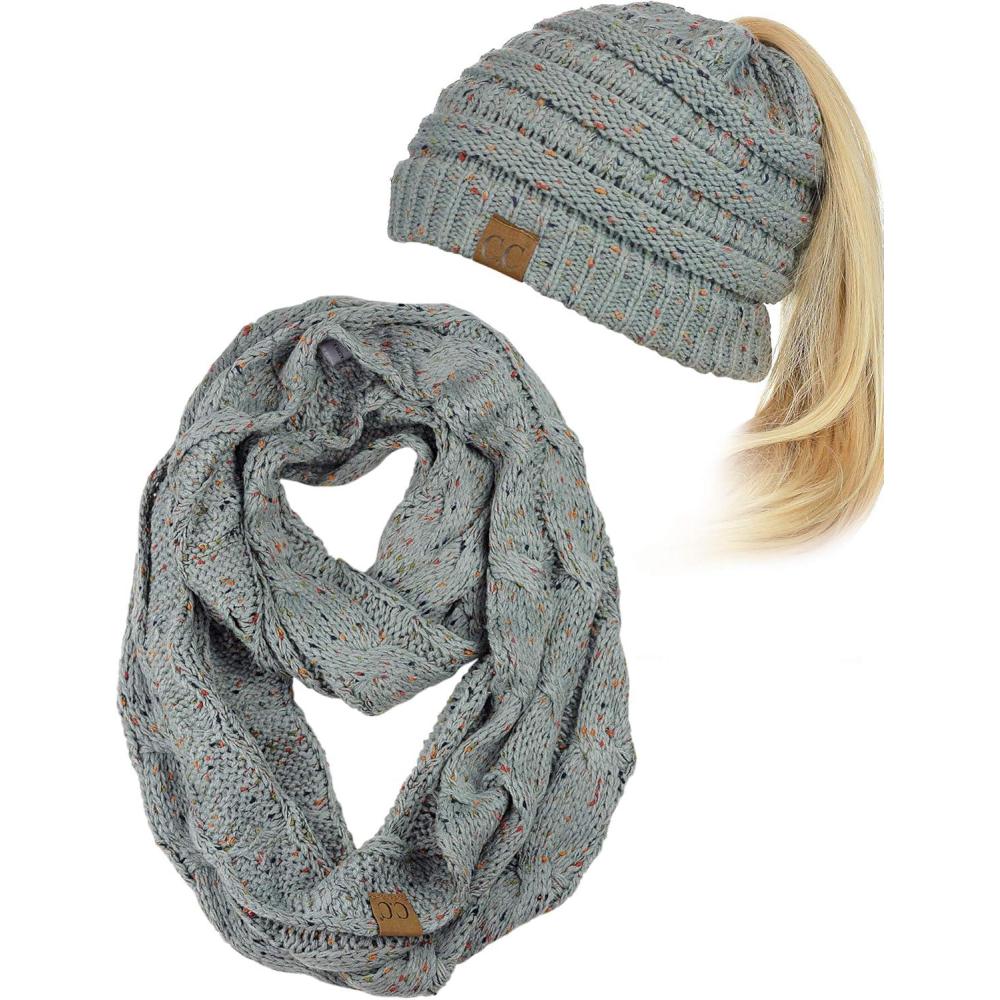 imageCC Colorful Confetti BeanieTail Messy High Bun Cable Knit Beanie and Infinity Loop Scarf SetNatural Gray