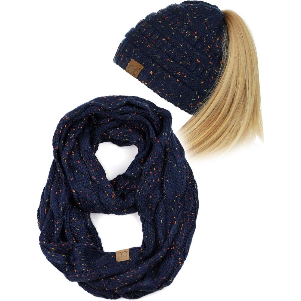 imageCC Colorful Confetti BeanieTail Messy High Bun Cable Knit Beanie and Infinity Loop Scarf SetNavy
