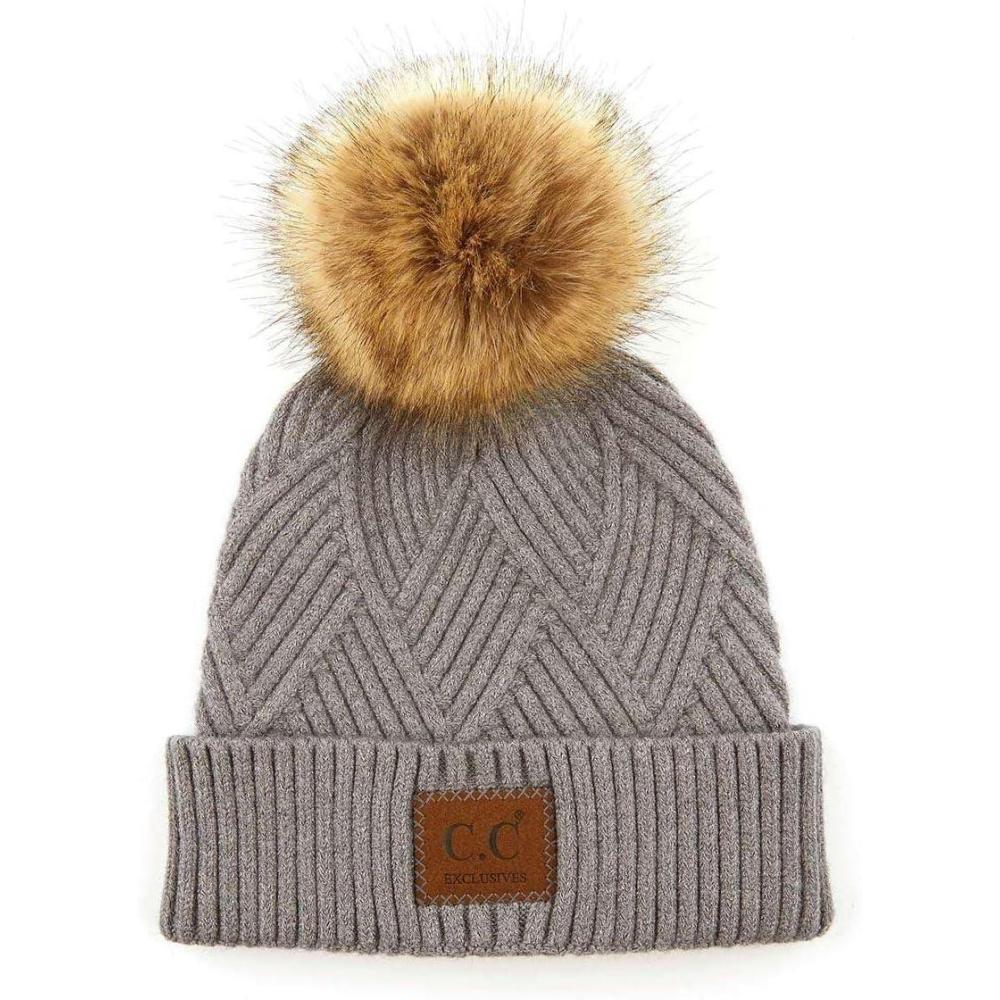imageCC Diagonal Criss Cross Pattern Suede Patch Snuggly Soft Pom Cuff BeanieDark Gray