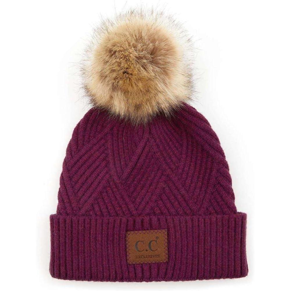 imageCC Diagonal Criss Cross Pattern Suede Patch Snuggly Soft Pom Cuff BeanieEggplant