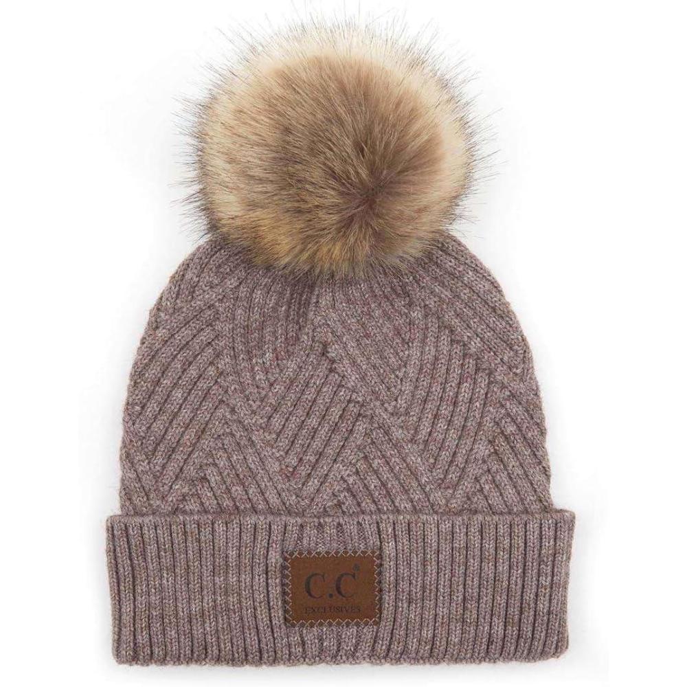 imageCC Diagonal Criss Cross Pattern Suede Patch Snuggly Soft Pom Cuff BeanieLight Taupe Mix