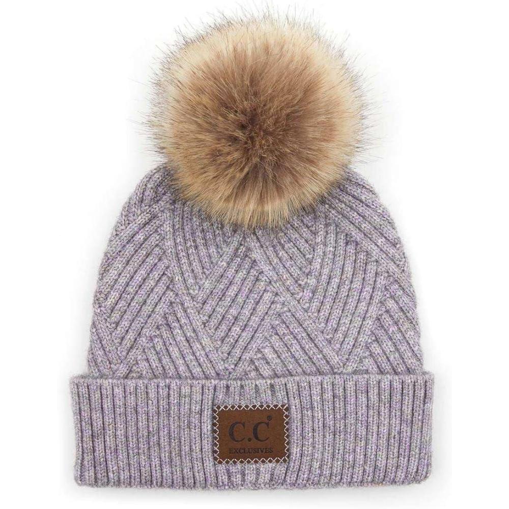 imageCC Diagonal Criss Cross Pattern Suede Patch Snuggly Soft Pom Cuff BeaniePeriwinkle Mix
