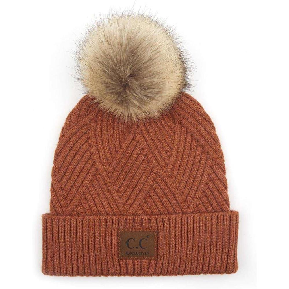 imageCC Diagonal Criss Cross Pattern Suede Patch Snuggly Soft Pom Cuff BeanieRust Mix