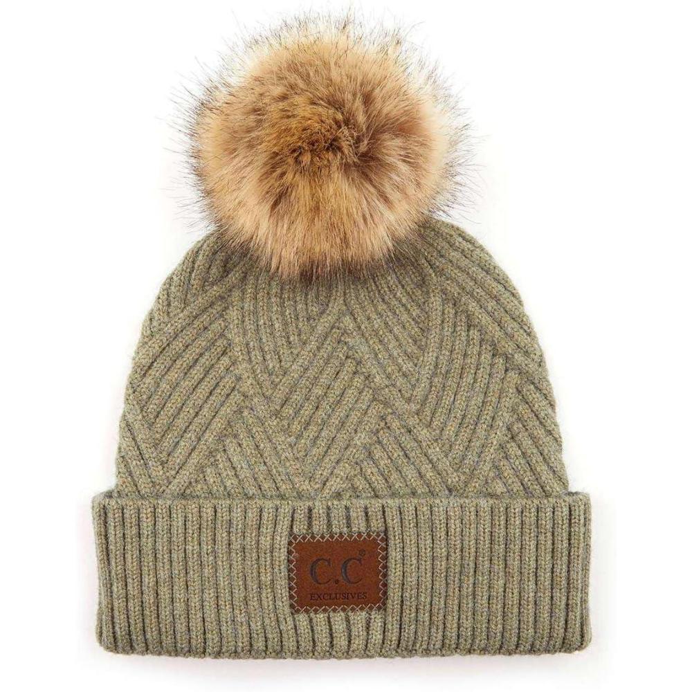 imageCC Diagonal Criss Cross Pattern Suede Patch Snuggly Soft Pom Cuff BeanieSage Mix