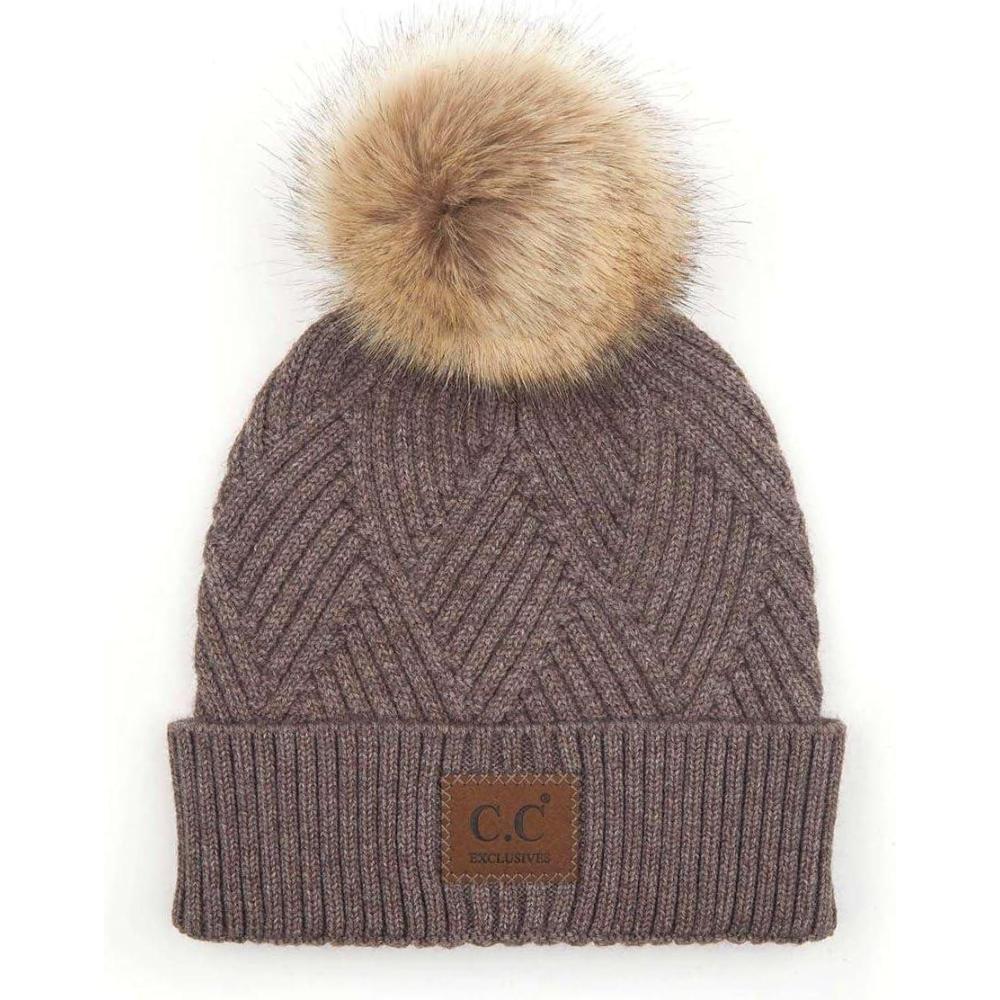 imageCC Diagonal Criss Cross Pattern Suede Patch Snuggly Soft Pom Cuff BeanieTaupe Mix