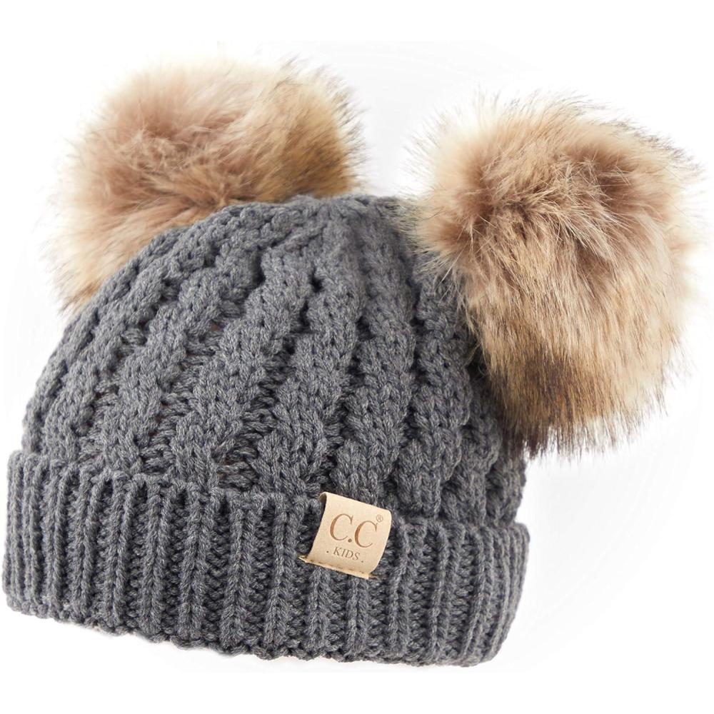 imageCC Exclusives Children Kid Double Pompom Knitted Beanie for Kids Ages 25 KID23KID24KIDS2055A Pompom Dk Mel Grey