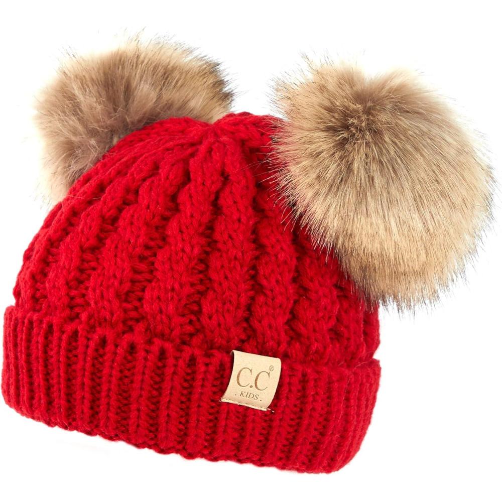 imageCC Exclusives Children Kid Double Pompom Knitted Beanie for Kids Ages 25 KID23KID24KIDS2055A Pompom Red