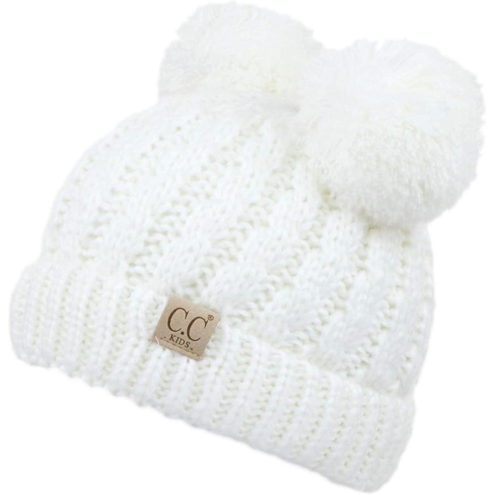 imageCC Exclusives Children Kid Double Pompom Knitted Beanie for Kids Ages 25 KID23KID24KIDS2055Ivory Amz